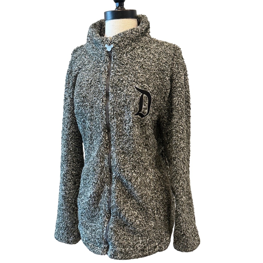 Disney Parks Women 1X Gray Popcorn Fleece Full Zip Jacket Mickey Mouse D Logo